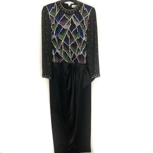 Amen Wardy Vintage 80s Evening Gown Dress Black Bead Sequin Formal Holiday